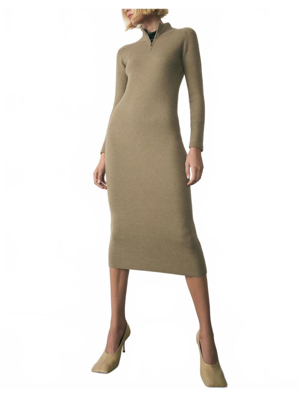 Mango Sweater Midi Zip Knitted Dress Khaki NWT Size 8 / Large